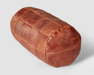Comfortable and functional copper-colored leather bolster cushion to add decorative accent for office sofa. Handmade accessory for interior design