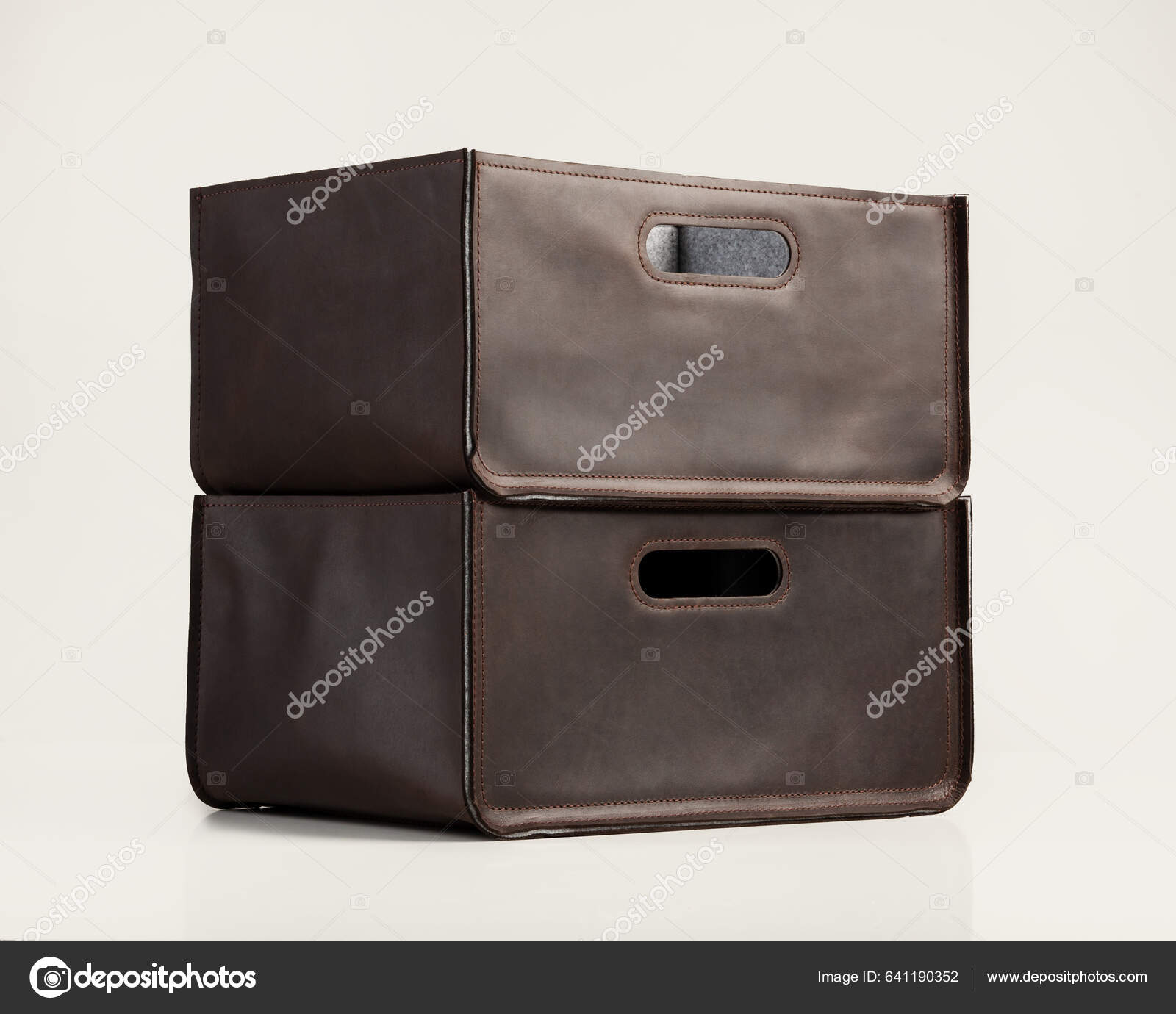 Two Compact Practical Boxes Brown Faux Leather Slotted Handles