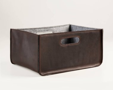 Functional and stylish storage box in brown faux leather for organizing clothes, stationery or household tools. Handmade interior items