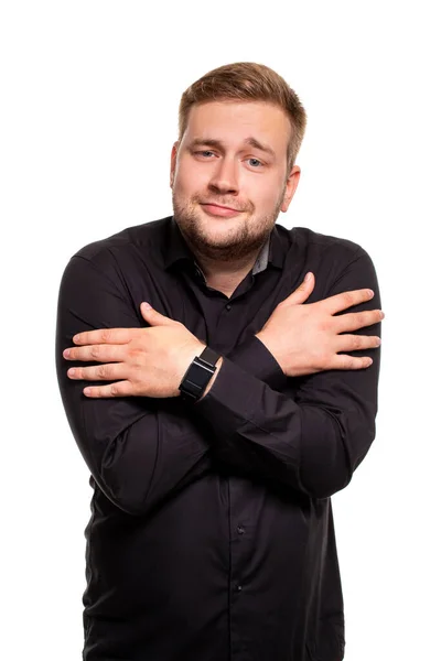 Guy White Background Freezes Hugging Myself Body Language — Stock Photo, Image