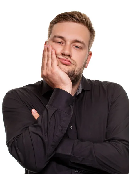 Retrato Estudio Hombre Europeo Sombrío Mostrando Aburrimiento Mientras Apoya Cabeza —  Fotos de Stock