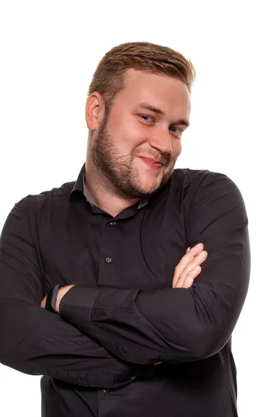 Ein Mann Zeigt Verlegenheit Isoliert Auf Weißem Hintergrund Körpersprache — Stockfoto