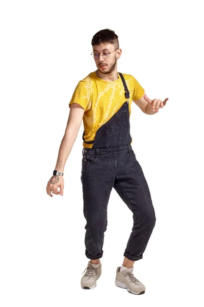 Full Length Portrait Stylish Guy Glasses Black Jumpsuit Yellow Shirt — Stock Photo, Image