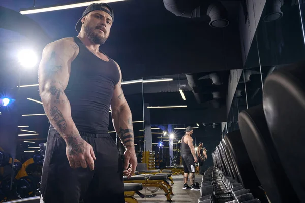 Handsome, tattooed, bearded guy in black shorts, vest, cap. Going to do exercises with dumbbells for training his muscles, looking at you, standing near set of black weights. Dark gym. Sport. Close up