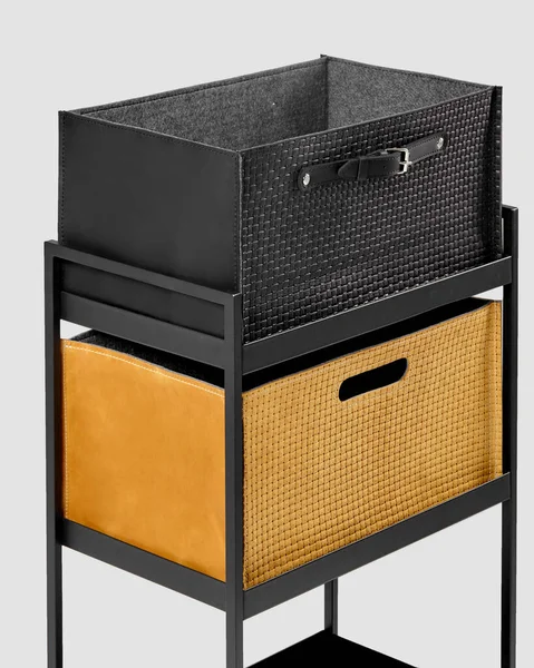 Two Stylish Black Leather Yellow Suede Woven Storage Bins Convenient — Stock Photo, Image