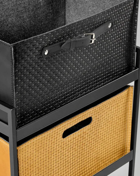Closeup Black Leather Tan Suede Storage Woven Boxes Metal Shelf — Stock Photo, Image