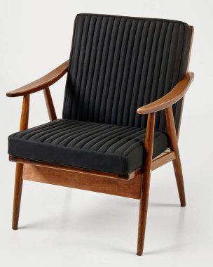 Yüzyılın ortalarında siyah kurdeleli ve tahta çerçeveli modern koltuklar klasik ve rahat bir oturma seçeneği yaratıyor.