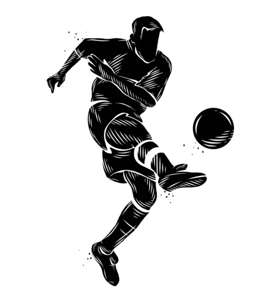 Zwart Wit Silhouet Van Een Voetballer Die Bal Domineert — Stockvector