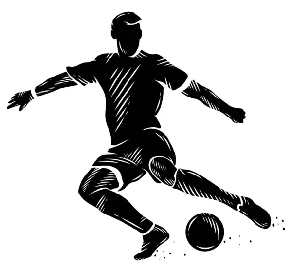 Ασπρόμαυρη Σιλουέτα Ποδοσφαιριστή Κυριαρχεί Στην Μπάλα — Διανυσματικό Αρχείο