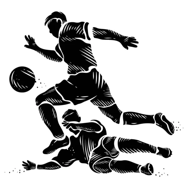 Zwart Wit Silhouet Van Voetballers Die Vechten Voor Bal — Stockvector
