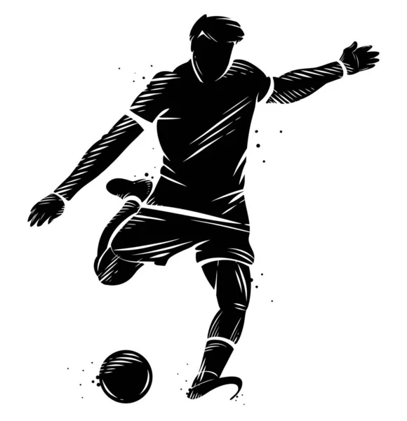 Schwarz Weiße Silhouette Eines Fußballers Der Den Ball Dominiert — Stockvektor