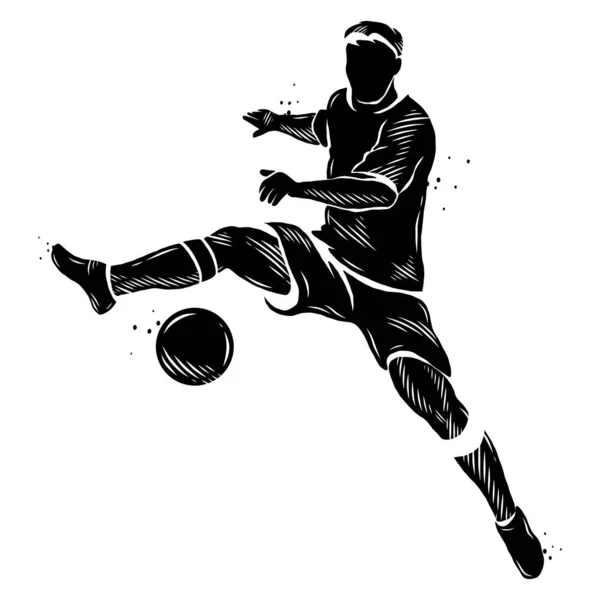 Черно Белый Силуэт Футболиста Доминирующего Мяче — стоковый вектор