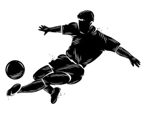 Schwarz Weiße Silhouette Eines Fußballers Der Den Ball Dominiert — Stockvektor