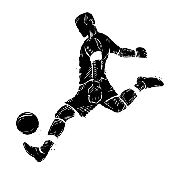Черно Белый Силуэт Футболиста Доминирующего Мяче — стоковый вектор