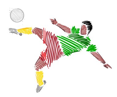 Erkek futbolcunun çizimi, çizim stili fırça darbelerinden yapılan topa hükmediyor.