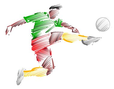 Erkek futbolcunun çizimi, çizim stili fırça darbelerinden yapılan topa hükmediyor.