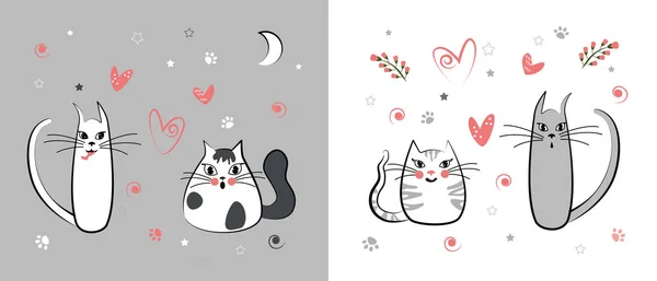 hildish drawing with cute cats, illustrationwith cats in love. Background with cats in love, hearts, cat paws, stars and flowers. Vector texture for kids bedding, fabric, wallpaper, wrapping paper, textile, t-shirt print