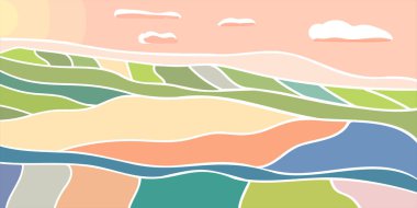 Gün batımında ve gündoğumunda tarım alanlarıyla soyut bir arkaplan. Pembe gökyüzü, güneş, bulutlar. İlan, el ilanları, davetiyeler için uygun düz vektör illüstrasyonu