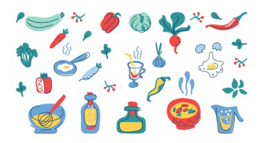 Mutfak aletleri, içecekler ve ürünler için tasarım malzemeleri. Düz elle çizilmiş bir çizim. Yemek pişirmek için gerekli malzemelerin renkleri. Mutfak gereçleri çizimi. İzole edilmiş İskandinav çizgi film öğeleri