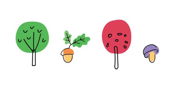 Minimalist tarzda ağaçlar, mantarlar ve palamutlar. Kart, poster, davetiye ve giysi tasarımı için parlak vektör çizimi. Ayrı semboller, çıkartmalar.