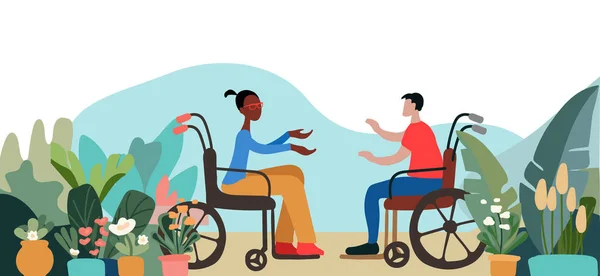 휠체어에서 친구를 만난다 사랑해요 휠체어를 사람들 생활에 번영하는 사회의 현대적인 — 스톡 벡터