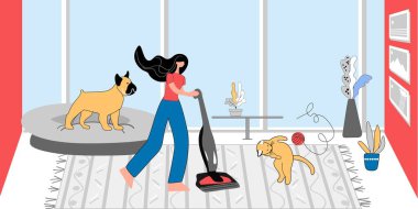 Kadın odayı temizliyor. Bir kedi ve köpek bir ip yumağıyla oynuyorlar ve yerleri süpürmeye engel oluyorlar. Vektör illüstrasyonu, hayvan dostu kavram