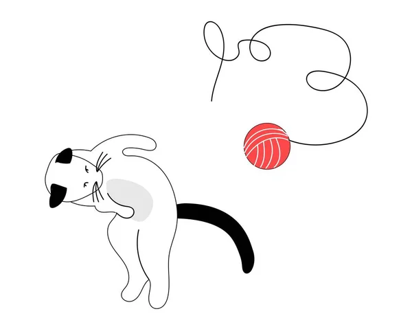 Veselá Bílá Kočka Hraje Červenou Kuličkou Nitě — Stockový vektor