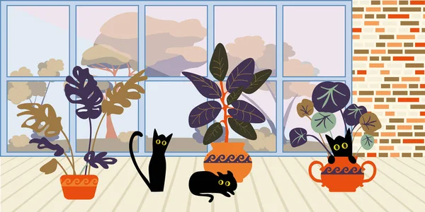 Gatos Negros Engraçados Quarto Brincam Escondem Plantas Interior Estilo Retrô — Vetor de Stock