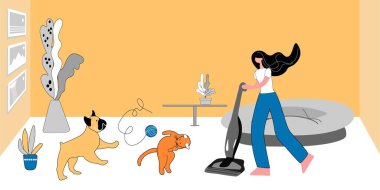 Kadın odayı temizliyor. Bir kedi ve köpek bir ip yumağıyla oynuyorlar ve yerleri süpürmeye engel oluyorlar. Vektör illüstrasyonu, hayvan dostu kavram