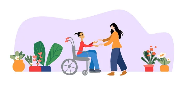 친구의 휠체어에 생활에 장애인을 도와주세요 번영하는 사회의 현대적인 — 스톡 벡터
