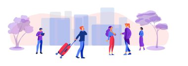 Renkli bir eko-şehirde modern insanların yaşam tarzı. Çeşitlilik. Modern konforlu kamusal alan kavramı. Renkli şehir parkı. Vektör illüstrasyonu