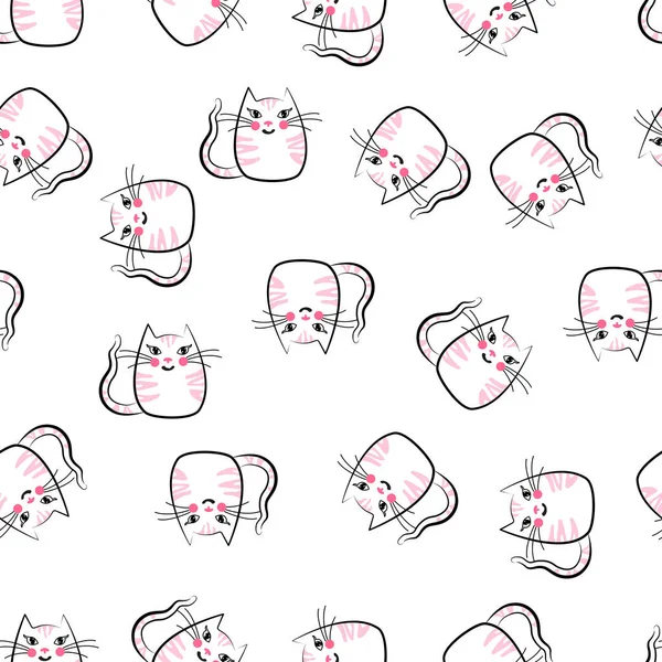 Nahtloses Muster Weiß Rosa Katzen Niedliche Kindliche Zeichnung Für Druck — Stockvektor