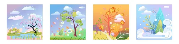 Seasons, nature in different periods. Vector illustration, concept of change of seasons. Spring Summer Autumn Winter. Banner.