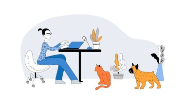 Kız internette bir buldog 'un yanındaki dizüstü bilgisayarda çalışıyor. Hayvan severler için hayvan dostu bir yer. Evcil hayvanlara kapımız açık. Sahibine terbiyeli bir hayvan. Halka açık alanlarda evcil hayvanlarla sosyalleşmek. Vektör illüstrasyonu