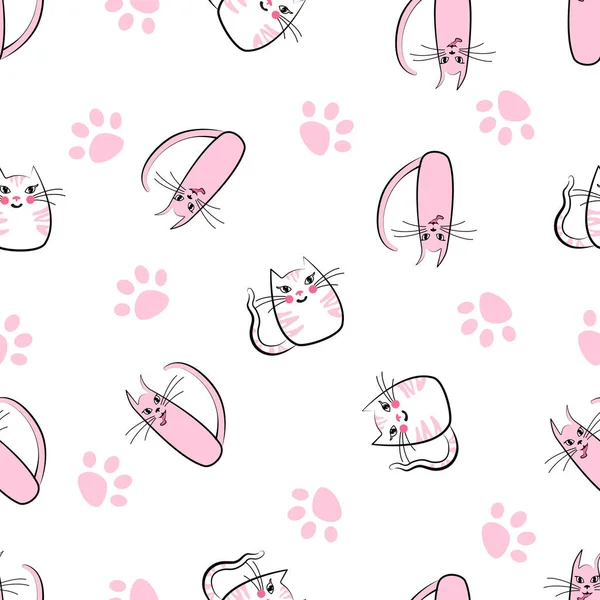 Seamless Pattern White Pink Cats Cute Childish Drawing Print Wallpaper — Stock Vector
