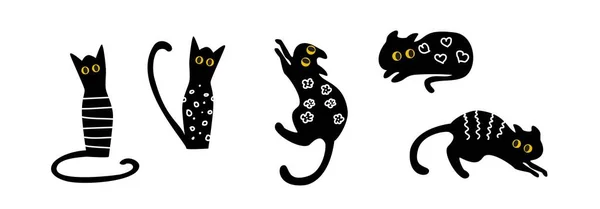 Поставить Мультик Черной Кошке Горшок Домашними Растениями — стоковый вектор