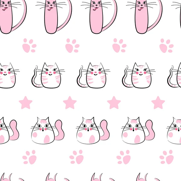 Seamless Pattern Pink Cats Cute Childish Drawing Print Wallpaper Fabric — Stock Vector