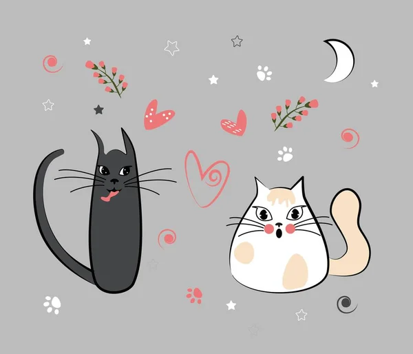 Hügelige Zeichnung Mit Niedlichen Katzen Illustration Mit Verliebten Katzen Hintergrund — Stockvektor