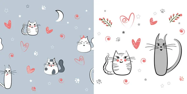 Hügeliges Muster Mit Verliebten Katzen Kinder Zeichnen Animal Nahtlosen Hintergrund — Stockvektor