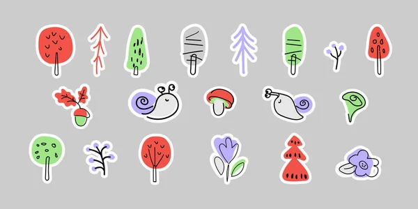 Collection Stickers Trees Mushrooms Snail Flower Forest Plants Icons Cartoon — Stock Vector
