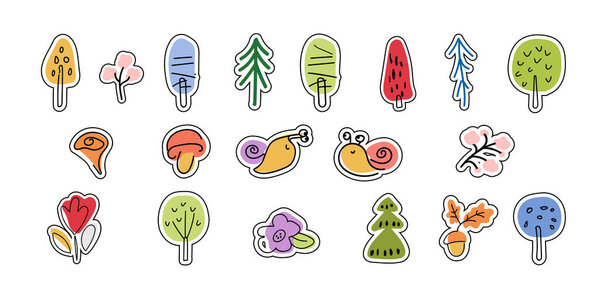 Collection of stickers, trees, mushrooms, snail, flowers.  Cartoon flat vector illustration