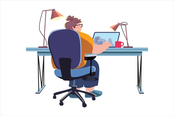 Mulher Gorda Trabalhando Laptop Enquanto Senta Mesa Interior Acolhedor Adulto — Vetor de Stock