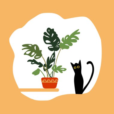Çiçeğin yanındaki pencerede kara kedi var. Çiçek saksısında ev bitkisi. Ev bitkisi izole edilmiş. Moda sarılma tarzı, kentsel orman dekorasyonu. Elle çizilmiş. Yazdır, afiş, afiş. Logo, etiket.