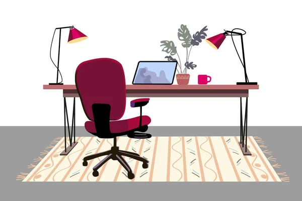ノートパソコン ランプ コーヒー 屋内植物とオフィスデスク 近代的な職場だ ホームワークスペーステーブル ベクターイラストフラットスタイルEps — ストックベクタ