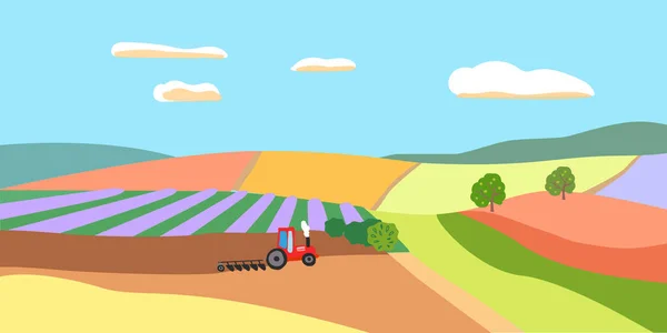 Tractor Ploegt Grond Achtergrond Met Weiden Velden Lavendelvelden Groene Heuvels — Stockvector