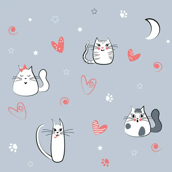 Childish Pattern Cute Cats Kids Print Animal Blue Seamless Background — Stock Vector