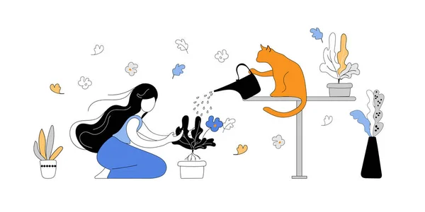 Kız saksıya saksı dikiyor. Kedi bitkilerle oynuyor. Sahipleri olan mutlu hayvanlar harika vakit geçiriyorlar. Modern vektör illüstrasyonu. 