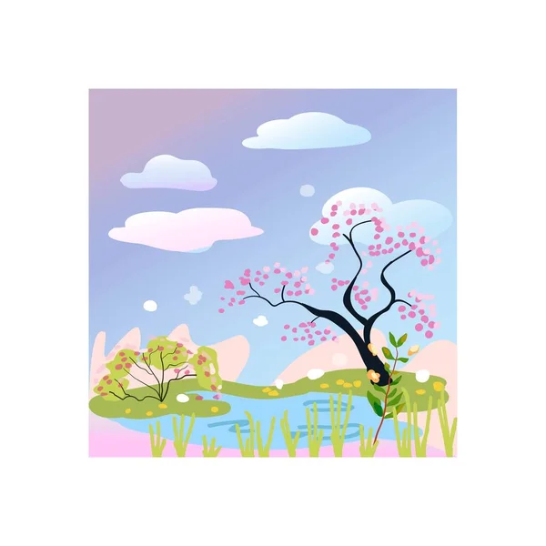 Seasons, nature in different periods. Vector illustration, sticker, concept of change of seasons. Spring. Banner.