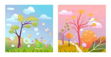 Mevsimler, doğa farklı dönemlerde. Vektör çizimi, mevsimlerin değişimi konsepti. Bahar Yazı Sonbahar Kışı. Pankart.