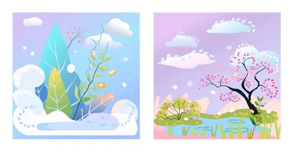 Seasons, nature in different periods. Vector illustration, concept of change of seasons. Spring Summer Autumn Winter. Banner.